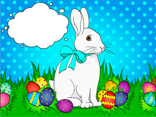 Pop art Easter bunny on green grass, Easter eggs. Comic book style imitation. Vintage retro style. Text bubble.