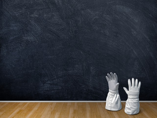 3d illustration rendering Astronaut gloves over blank blackboard and brown parquet © ma3d.it