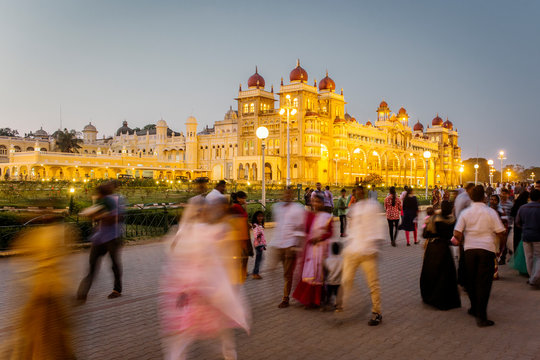 City Palace, people walking outside the Maharaja's Palace, Mysore, Karnataka