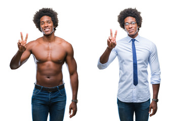 Collage of african american shirtless and business man over isolated background showing and pointing up with fingers number two while smiling confident and happy.