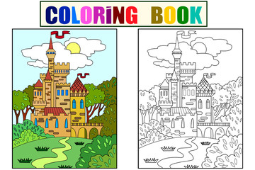 Childs colored picture Castle in the forest. The building is made of bricks in more often. Coloring for children. Black lines, color
