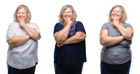 Fototapeta premium Collage of senior fat woman over isolated background looking confident at the camera with smile with crossed arms and hand raised on chin. Thinking positive.