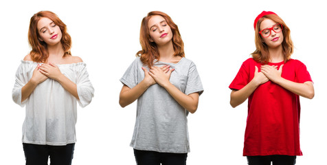 Collage of young beautiful redhead woman over isolated background smiling with hands on chest with closed eyes and grateful gesture on face. Health concept.