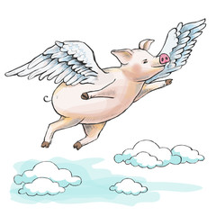 When pigs fly. A fat piglet is flying among cumulus clouds. - 234736534
