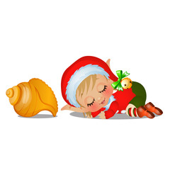 Santas helper sleeping with large seashell isolated on white background. The attributes of Christmas and New year. Vector cartoon close-up illustration.