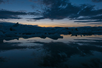 Sunset on Jökulsárlón glacial lake in Iceland