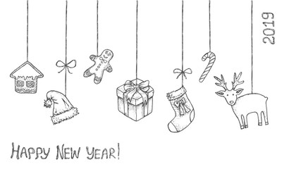 New Year and Christmas decoration - 7 gray hand-drawn figures