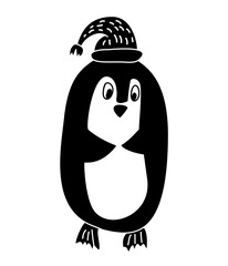 Hand draw Vector Illustration of Funny Penguin in Knitted Hat. Christmas isolated Greeting card scandinavian style