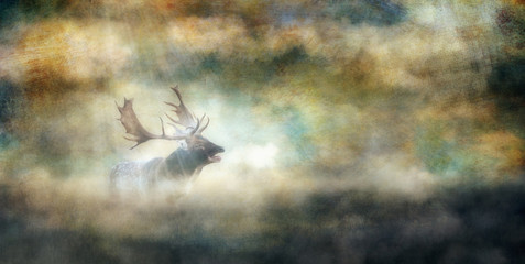Roaring fallow deer buck in misty landscape. Old master painting style.