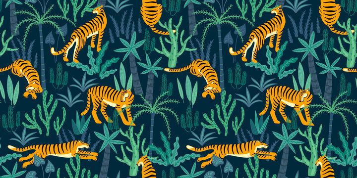 Seamless exotic pattern with tigers in the jungle.