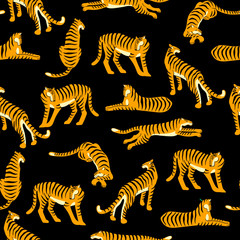 Fototapeta na wymiar Seamless exotic pattern with tigers. Vector design.
