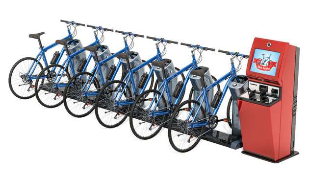 Bicycles with bike station and terminal. Bicycle rental concept, 3D rendering