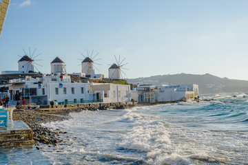 Mills on the hill near the sea on the island of Mykonos in Greece - the main attraction of the island