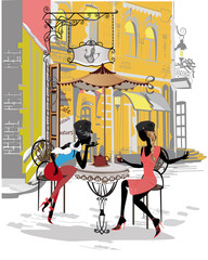Series of colorful retro street views with fashion people in the old city. Hand drawn vector architectural background with historic buildings. Street musicians.
