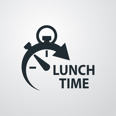 Icono plano con reloj con texto LUNCH TIME en fondo gris