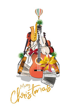 Abstract Christmas tree with musical instruments:a guitar, a violin, trumpet etc. Musical poster.