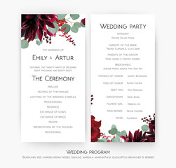 Wedding program for party & ceremony card design with Red rose flowers, burgundy dahlia, eucalyptus branches, leaves, amaranthus and berries decoration. Vector, watercolor beauty bohemian template set