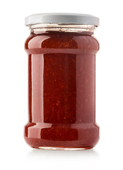Raspberry jam in a jar on white background. F