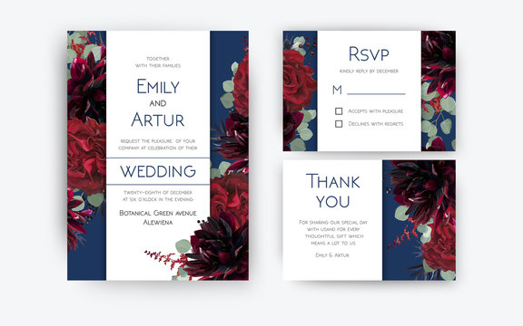Wedding invite invitation, rsvp, thank you card floral color design. Red rose flowers, dahlias, eucalyptus silver dollar branches, berries wreath modern decoration. Bohemian burgundy and navy blue set