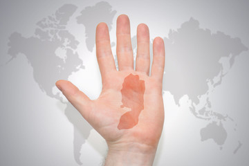 hand with map of palestine on the gray world map background.