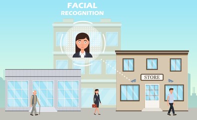 Face recognition concept. People walking street scanning by facial recognition camera. Person identification hardware. Vector illustration.