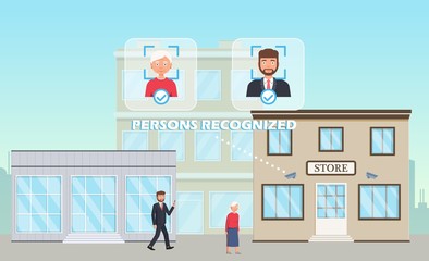 Face recognition concept. People walking street scanning by facial recognition camera. Person identification hardware. Vector illustration.