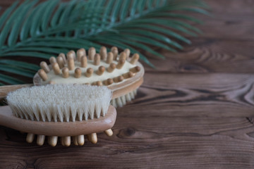 Close up two wooden soft massage brushes for body and legs. With copy space for text. Concept of cosmetology, weight loss, spa, beauty, cellulite.