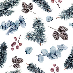 Seamless Pattern of Watercolor Eucalyptus and Christmas Tree Branches