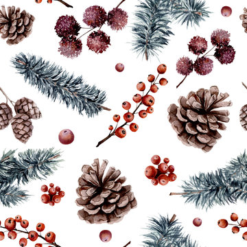 Seamless Pattern of Watercolor Christmas Tree Branches and Berries