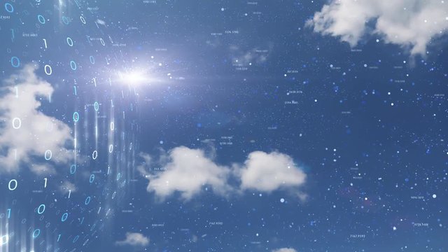 Binary numbers globe on sunny sky with cyberspace network copy space background. 
