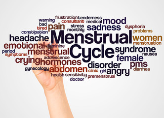 Menstrual Cycle word cloud and hand with marker concept
