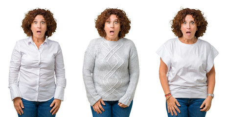 Collage of middle age senior business woman wearing white t-shirt over white isolated background afraid and shocked with surprise expression, fear and excited face.