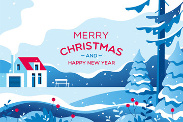 Fototapeta na wymiar Merry Christmas card with winter landscape. Vector illustration.