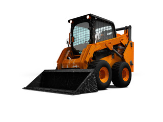 Old orange wheel loader on wheels with bucket 3d render on white background with shadow © Marianna
