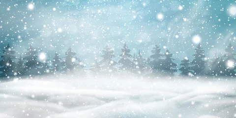 Cercles muraux Bleu clair Fond de Noël d& 39 hiver naturel avec ciel bleu, fortes chutes de neige, flocons de neige, forêt de conifères enneigée, congères. Paysage d& 39 hiver avec la chute de Noël qui brille de la belle neige.