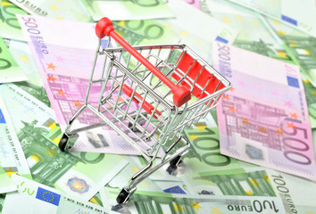 Shopping cart on euro banknotes money - finance purchase concept