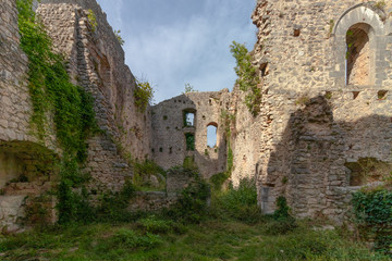 The ruins of the abandoned castle (Rocca di Piediluco) on the hill of the town of Piediluco. Umbria, italy