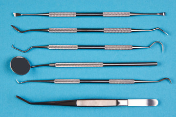 Fototapeta premium Professional Dentist tools in dental office close-up, top view
