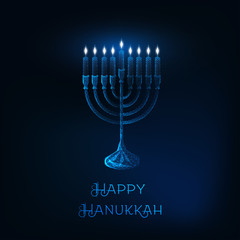 Happy hanukkah greeting card with glowing low poly menorah with nine burning candles and text.