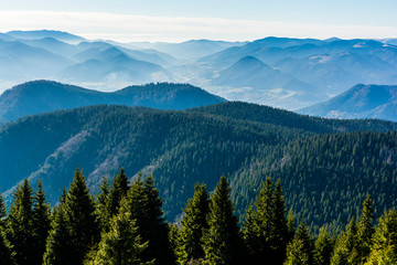 Morning mists between wooded mountain ranges.