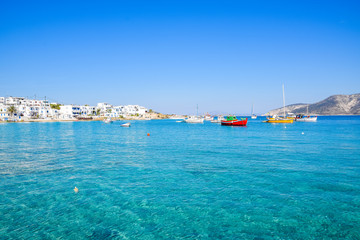 Traditional fishing boats in turquoise waters at Koufonisia, Small Cyclades, Greece