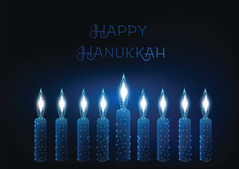 Happy hanukkah greeting card template with nine glowing burning candles on dark blue background.