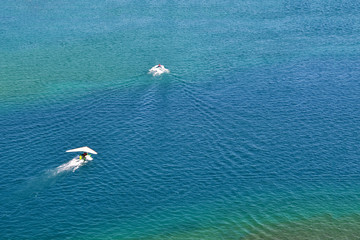 Boat ride on the blue lake Issyk-Kul, Kyrgyzstan