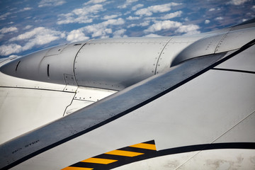 Close up picture of an airplane wing, selective focus.