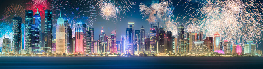 Beautiful fireworks above park in Doha City Center