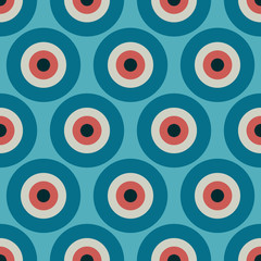Fototapeta premium Minimal turkish eye vector pattern with round nazar elements, seamless repeat. Trendy flat style. Great for apparel & packaging design, different backgrounds & surfaces, paper products etc.