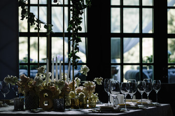 Table, still life, groceries, window, flowers, light, candles, glasses, knives, forks, cutlery