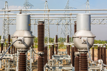 High voltage transformer modern substation electrical switchyard.