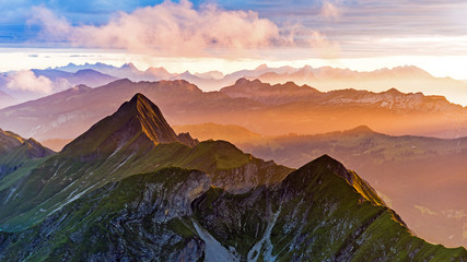 Switzerland, beautiful mountain landscape at sunset in the Swiss Alps, brienzer Rothorn, Interlaken, berner Oberland