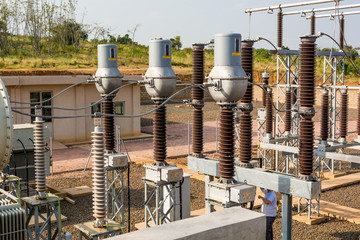 High voltage transformer modern substation electrical switchyard.